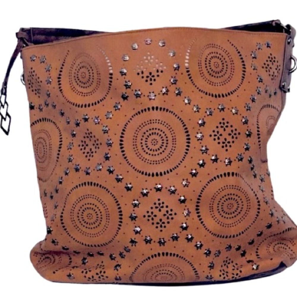 Sam & Hadley Tan Purse Tote Handbag Faux Leather Brown Vegan Filigree laser Cut